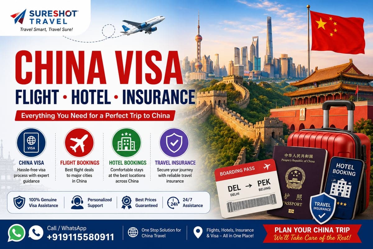 China visa flight, hotel and insurance requirements — Great Wall and Shanghai skyline with passport and boarding pass