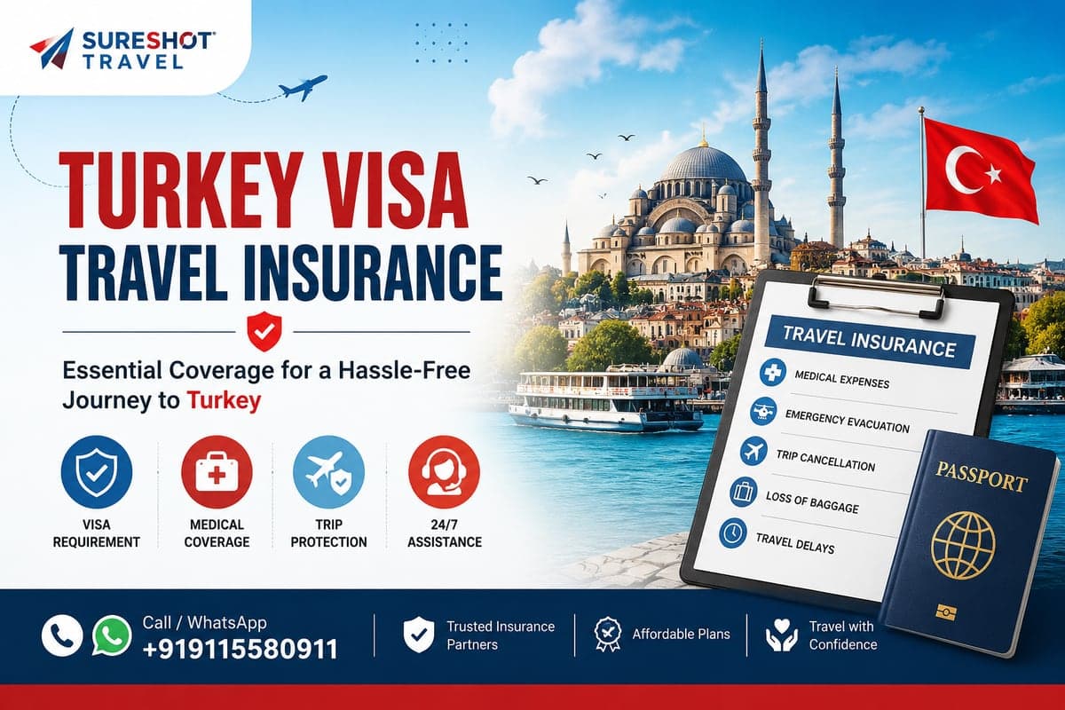 Turkey visa travel insurance — Istanbul skyline with a travel insurance checklist and passport