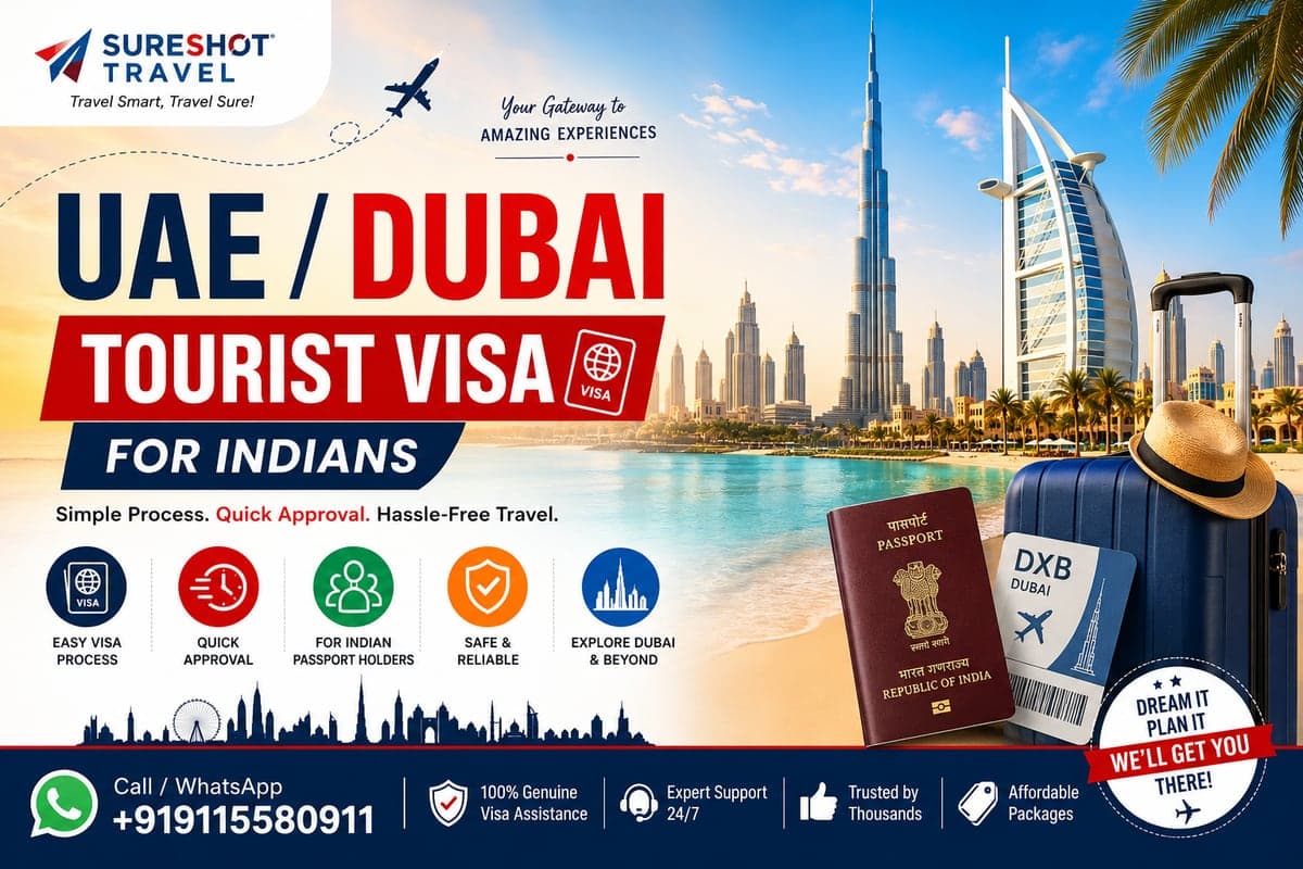 UAE and Dubai tourist visa for Indians — Dubai skyline with an Indian passport and boarding pass
